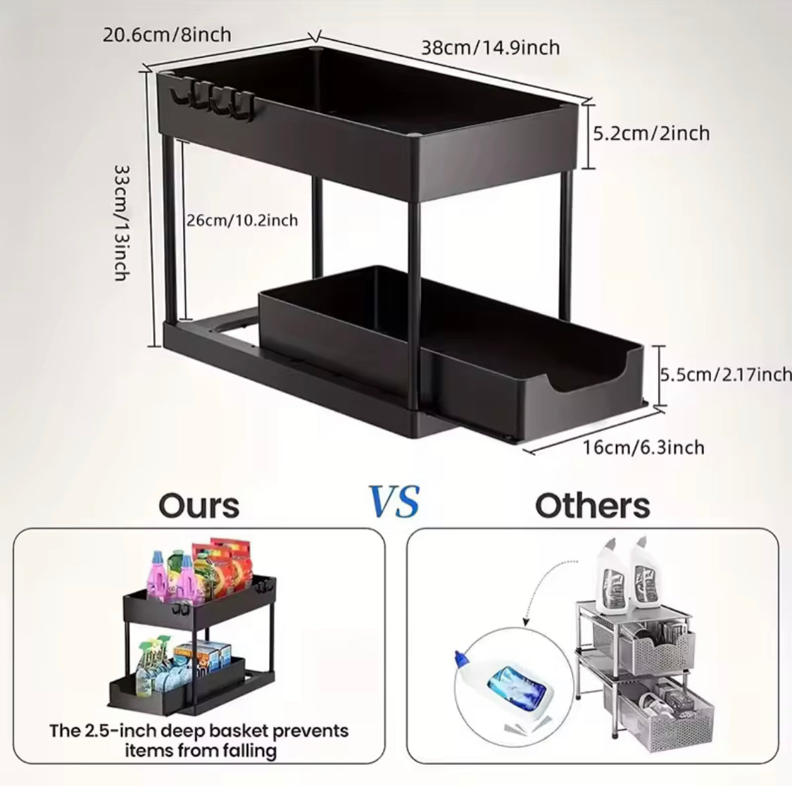 Double Deck Pull Out Organizer, 2 Tier Under Sink Organizer, Organizer Storage Rack With Hooks Hanging Double Deck Pull Out Organizer, 2 Tier Under Sink Organizer, Organizer Storage Rack With Hooks Hanging